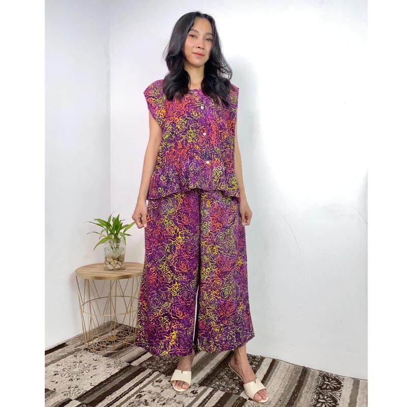 MEYDEND - One Set Sarimaya Setelan Batik Cap Rayon Premium Busui Friendly Kulot 7/8 Lengan Kutungan 2