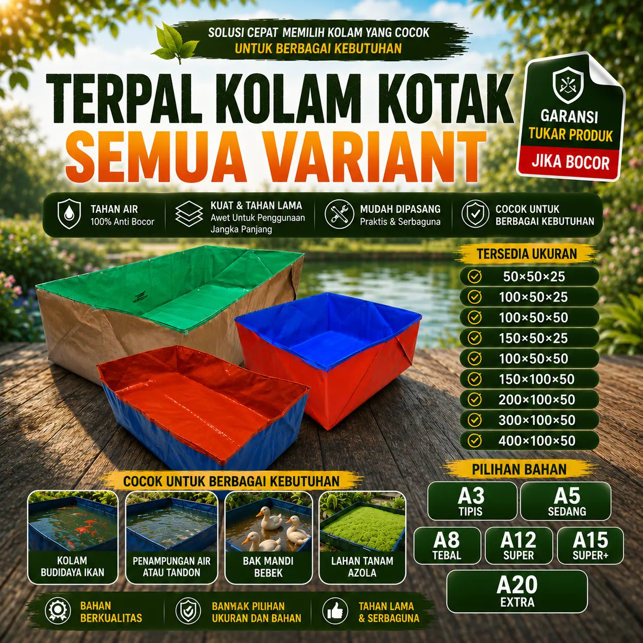 Terpal Kolam Kotak Semua Variant, Minimalis Bahan Korea Berkualitas untuk kolam ikan, penampungan/ tandon, bak mandi bebek, azola