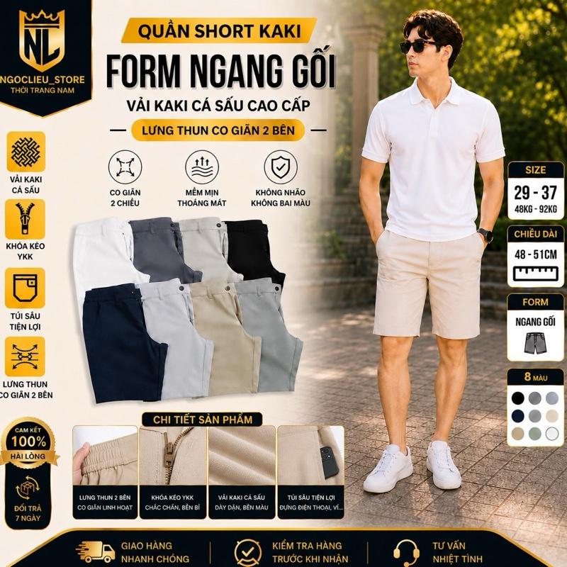 Ngoclieu Store.Quần Short Kaki Nam Form Ngang Gối,Vải Kaki Cá Sấu Cao Cấp,Lưng Thun 2 Bên,Khóa Kéo YKK.Túi Sâu,Size 29-37 Regular Fit.Chất Liệu Cao Cấp,Thoáng Khí SK001.