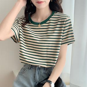 Women's Striped Short Sleeve Summer Top, Loose Fit Round Neck Casual Shirt, New Arrival Fashion Tee for Daily Wear 965 Womenswear Crewneck Green Fitted