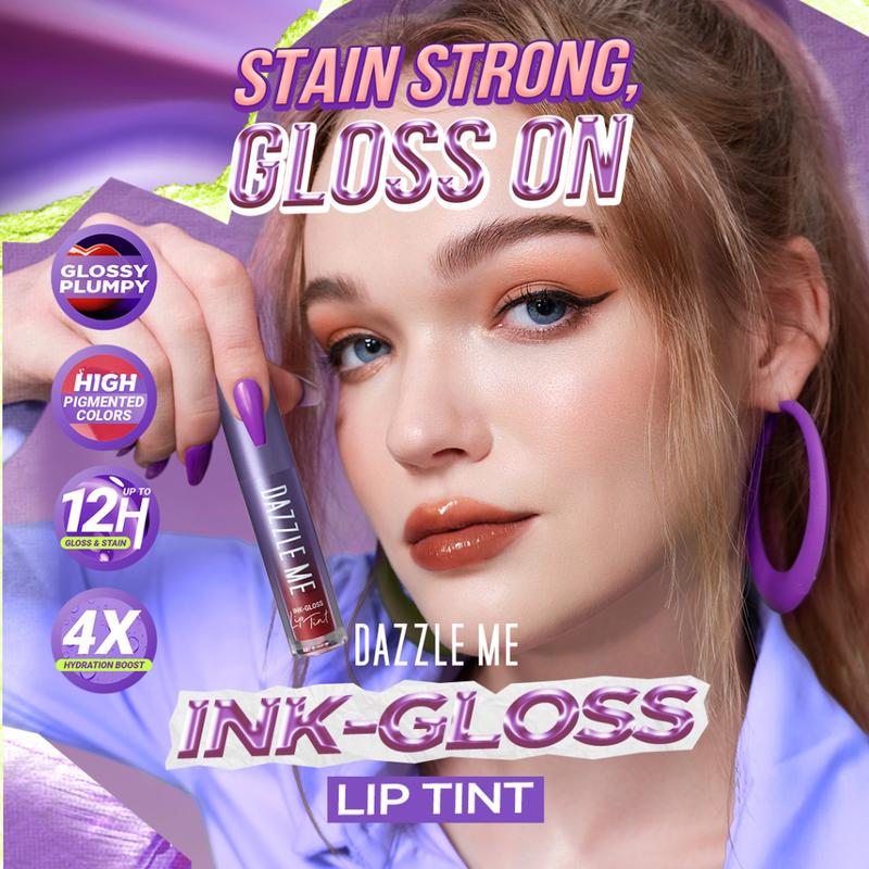 DAZZLE ME Ink-Gloss Lip Tint Watery Ink Gel Lip Tint Long Lasting Tahan 12 Jam Hydrating Glossy Finish 3