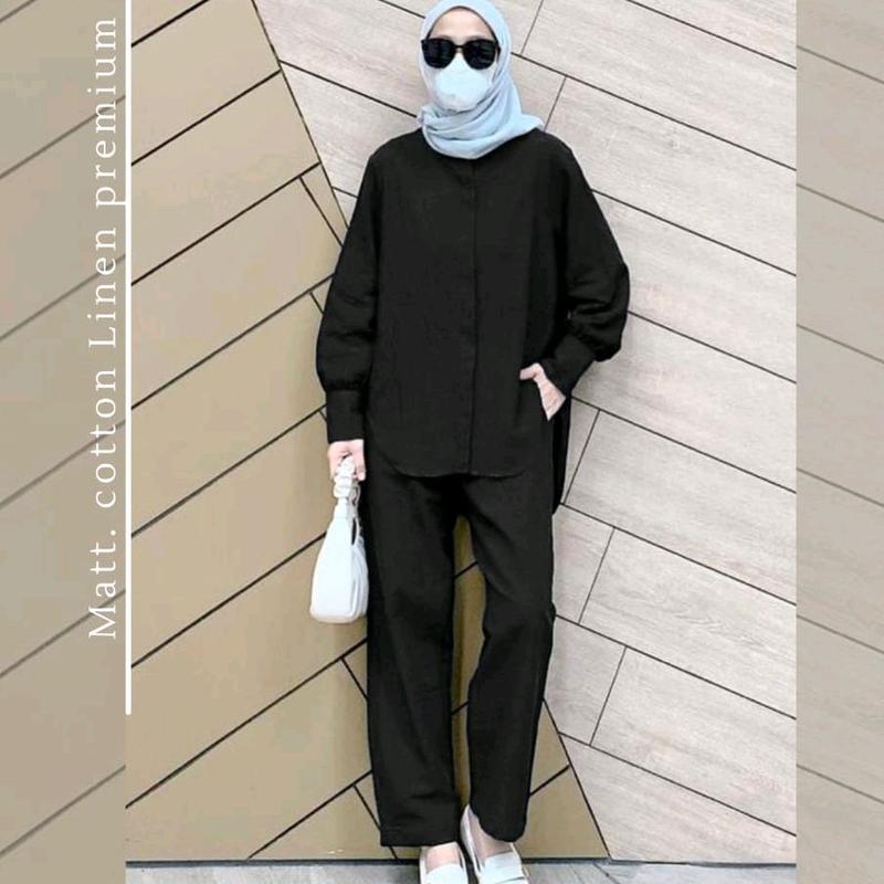 Sandara setelan/sabrina setelan/setelan linen rami/setelan polos/READY STOCK Baju Celana Kancing Muslim Wanita Kulot Dewasa Katun Panjang 6