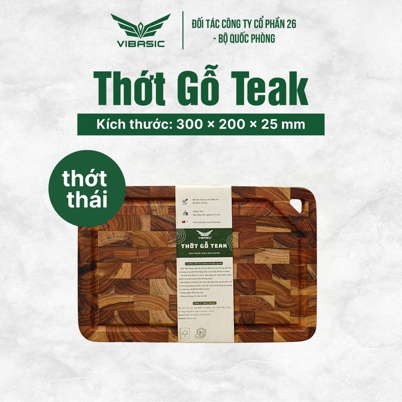 Thớt gỗ Teak Vibasic ghép dựng block, kích thước 300x200x25mm dùng để cắt thái, có lỗ treo
