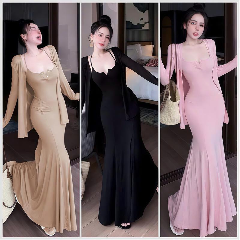  Set Đầm Hai Dây Dáng Dài Xoè Đuôi Cá Ôm Body Đính Nút Ngực Kèm Áo Khoác Tay Dài Thun Gân Tăm Mềm Mại_Váy Tiệc Đầm Xinh Dự Tiệc Cưới Váy Body Váy Xinh 