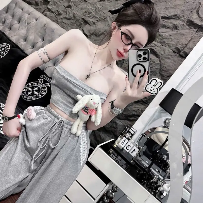 Set áo quây mix quần ống rộng dáng xuông KÈM 3 Gấu cài 2 màu hồng xám hàng L1