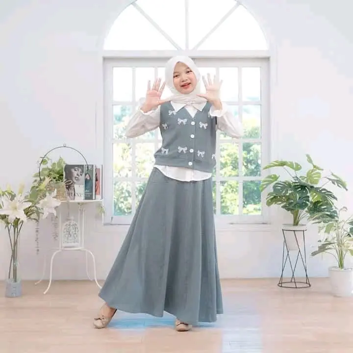 COD SETELAN ROK KNITT MIX POLO LINEN ANAK PEREMPUAN TANGGUNG SAKHIRA SET 3IN1 SIZE M-L  Fashion Wanita Muslim Atasan Pita Bordir 2