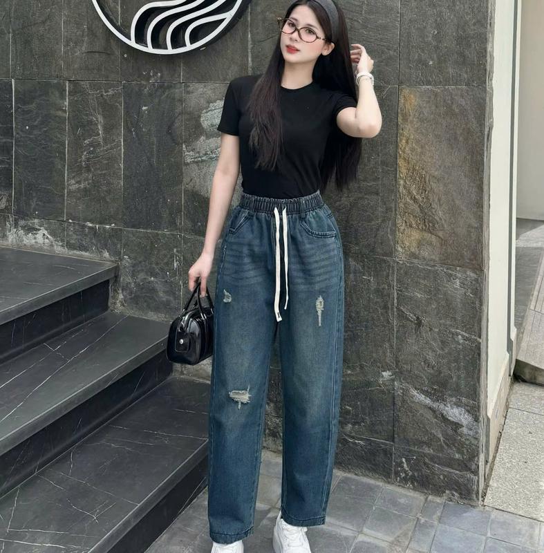   40 - 78Kg  Quần Jean Nữ Fom Thụng Lưng Cao Dáng Baggy 9 Tấc - Dây Rút Cạp Chun. Bigsize Đến 78Kg. Mài Rách Đùi Chất Liệu Không Nhăn Không Xù Đường May Tỉ Mỉ Chắc Chắn 