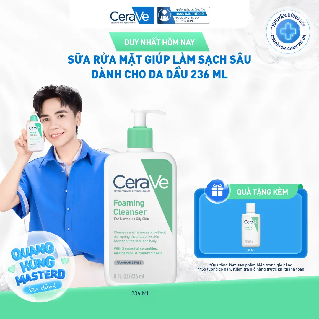 Sữa rửa mặt giúp làm sạch sâu dành cho da dầu Cerave Foaming Facial Cleans 236ML, tạo bọt làm sạch sâu dịu nhẹ và cung cấp độ ẩm cho da. Chăm sóc da_Sữa rửa mặt_Skincare cho Nam và Nữ_Cleansing