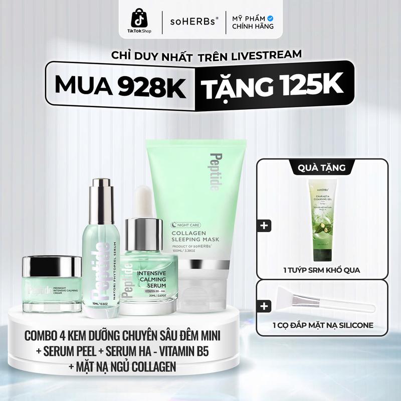 Combo 4 Món : Kem Dưỡng Chuyên Sâu Đêm + Serum Peel 15ml + Serum HAB5 20ML + Mặt Nạ Ngủ Collagen - Hỗ Trợ Cấp Ẩm , Căng Bóng, Dưỡng Sáng, Giúp Da Đều Màu Và Cải Thiện Lỗ Chân Lông Skincare - Nữ, Women