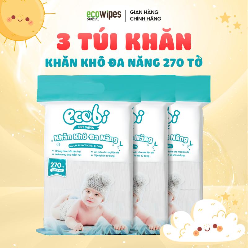   CAO CẤP  Thùng 03 túi khăn vải khô đa năng cao cấp cho bé Ecobi 270 tờ túi không mùi không paraben siêu tiết kiệm  khăn khô hoặc khăn ướt đều dùng được  