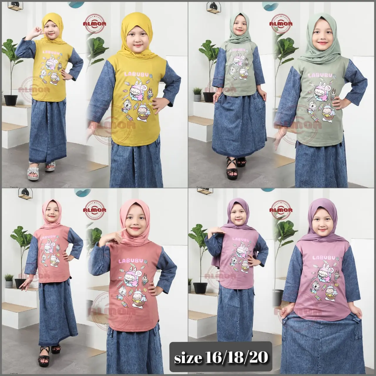 Setelan Anak perempuan labubu cotton combad 20s Mix rok jeans cargo / Setelan Labubu bahan combad untuk umur 4-14 Tahun - Baju Anak Labubu Fashion