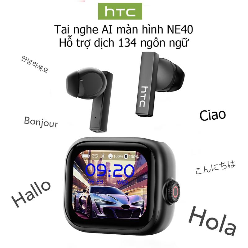  Tai nghe không dây HTC NE40 với núm xoay để chuyển đổi giao diện dễ dàng và điều chỉnh âm lượng Bluetooth 6.0 màn hình LED chống nước IPX5 hỗ trợ dịch 134 ngôn ngữ 