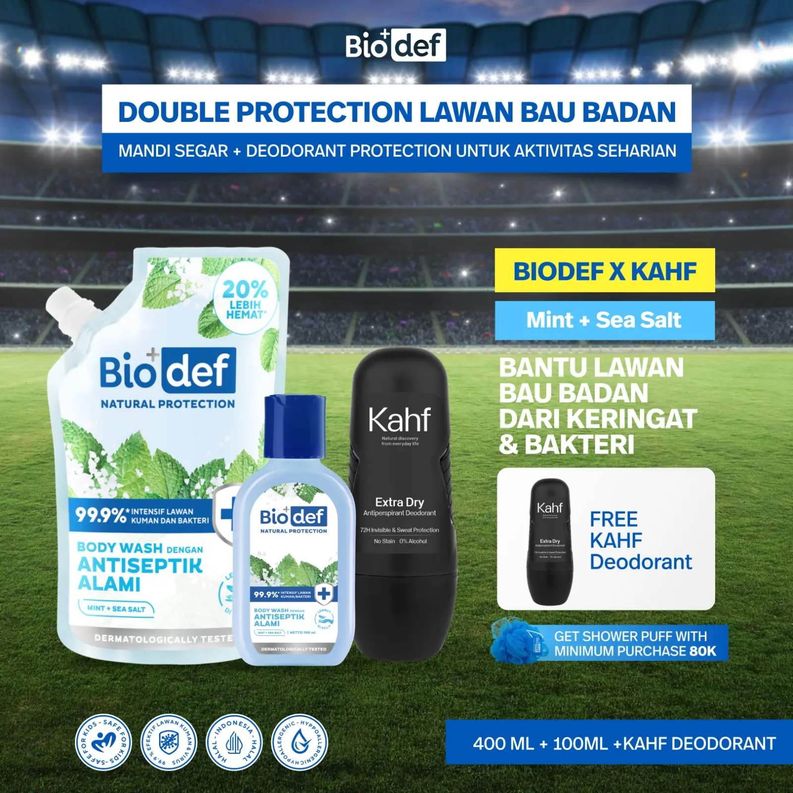 [BIODEF X KAHF: ANTI BAU BADAN] Biodef Body Wash Pouch 400ml & Travel Size 100ml  with Kahf Extra Dry Deo Roll 45ml| Sabun Mandi Pelembap Cocok Kulit Kering Sensitif | Jerawat Punggung | Cooling Sensation