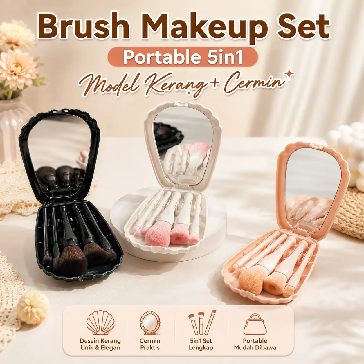ENVIO - Brush Makeup Set Portable 5in1 Model Kerang + Cermin - Kuas Alat Makeup Travel