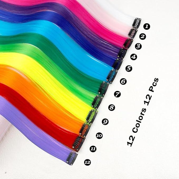 Coloured Hair Extensions,12 Pcs Rainbow Hair Extensions,Colored Clip In Hair Extension,Colorful Party Highlights Hair Synthetic Hairpieces,20 Inch Colorful Long Straight Hair Wig 2
