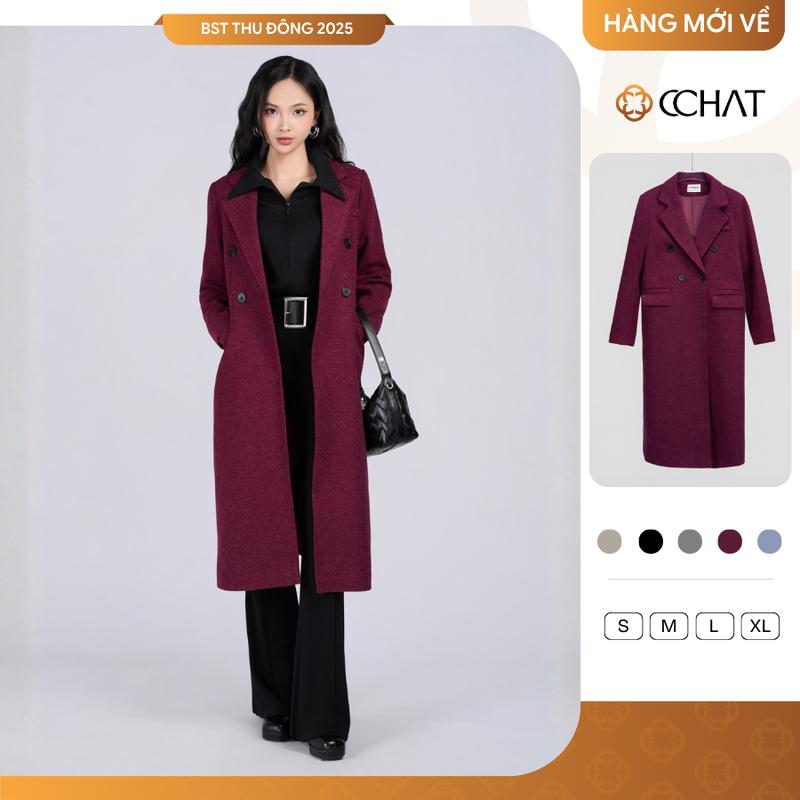  Áo Măng Tô Nữ CCHAT Dáng Suông Dài Túi Cơi Chất Dạ 24MDZ2005ST 