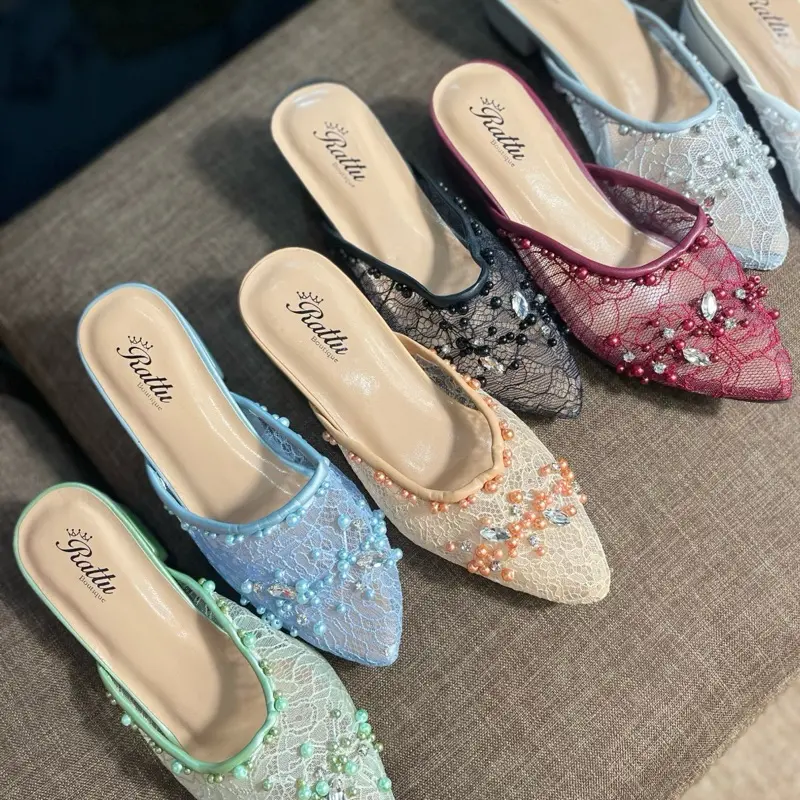 Sepatu Wanita pesta Payet Maryam Brukat Hak 3cm - Ukuran 36-41 - Karet, Kasual, Heels, Shoes, Sendal, Putih 3