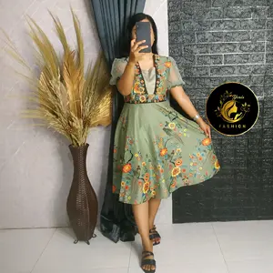 Dress Batik Pesta Lapis Trikot  syakila Kode JW320 lengan balon kombinasi tile Gaun kasual Wanita Casual Lembut Nyaman