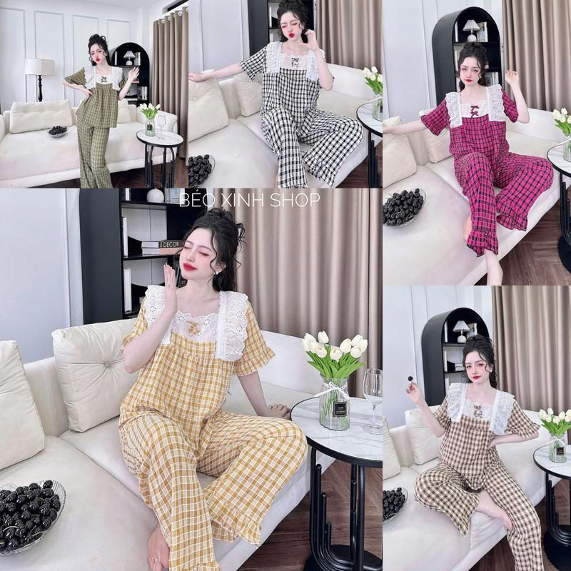 Đồ Bộ Bigsize Tay Ngắn Quần Dài Cổ Vuông Phối Ren Vải Xốp Tiểu Thư 55-100kg Nữ Women Quần Ngủ - A.5430