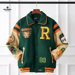 VARSITY JACKET BRITAIN REBORN GREEN CREAM BLACKSEVEN | JAKET BASEBALL BORDIR ORIGINAL UNISEX Tebal Lembut Nyaman Pria Wanita Leather Fleece Vintage | Millenial Studio