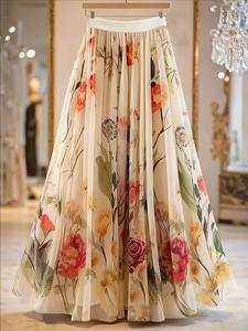 レディース花柄プリントロングスカート、透け感のあるメッシュ素材、エレガントなミディ丈ワンピース、カジュアルシーンにも特別な場にも最適