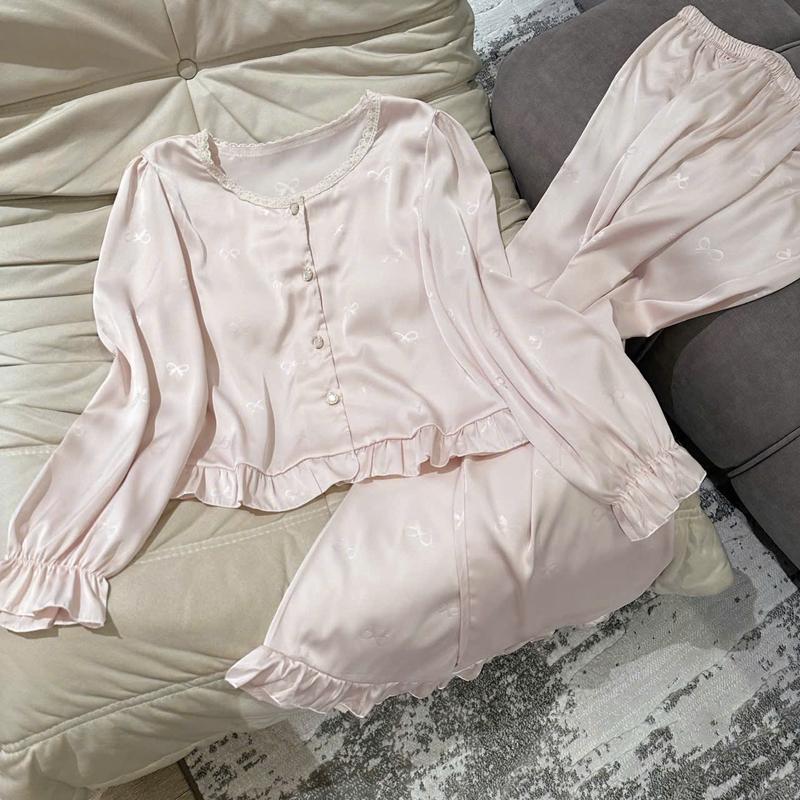 N340- Pijama dài tay lụa vân gấm nơ (có kèm mút đệm)- Bộ ngủ mặc nhà hàng quảng châu cao cấp cho nữ (women)