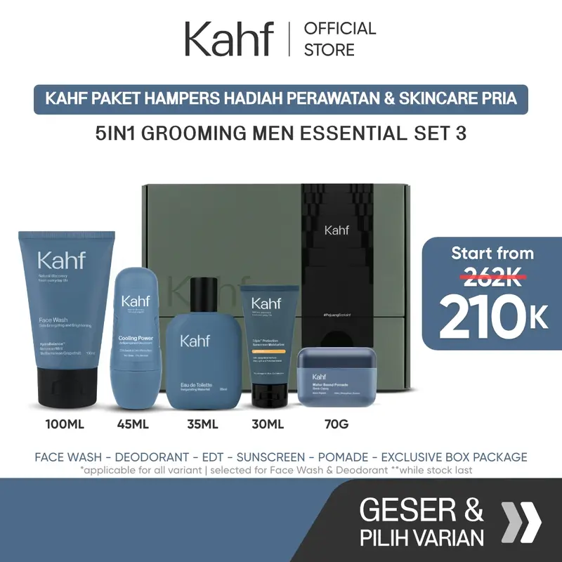 [FREE EXCLUSIVE BOX FOR GIFT] Kahf 5in1 Grooming Men Essential Set 3 (Face Wash, Deodorant, Sunscreen, EDT, Pomade/Hair Powder) - Paket Hampers Hadiah Perawatan dan Skincare Pria 0