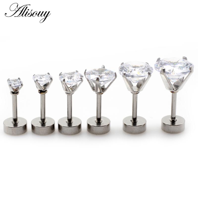 Alisouy 2pcs Unisex Women Men Round Crystal Zircon Stainless steel Ear Studs Earrings Barbell Tragus Cartilage Piercing Jewelry 3