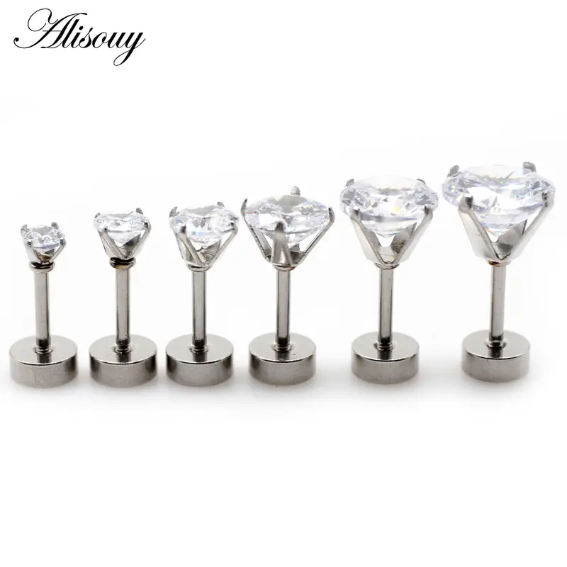 Alisouy 2pcs Unisex Women Men Round Crystal Zircon Stainless steel Ear Studs Earrings Barbell Tragus Cartilage Piercing Jewelry 3