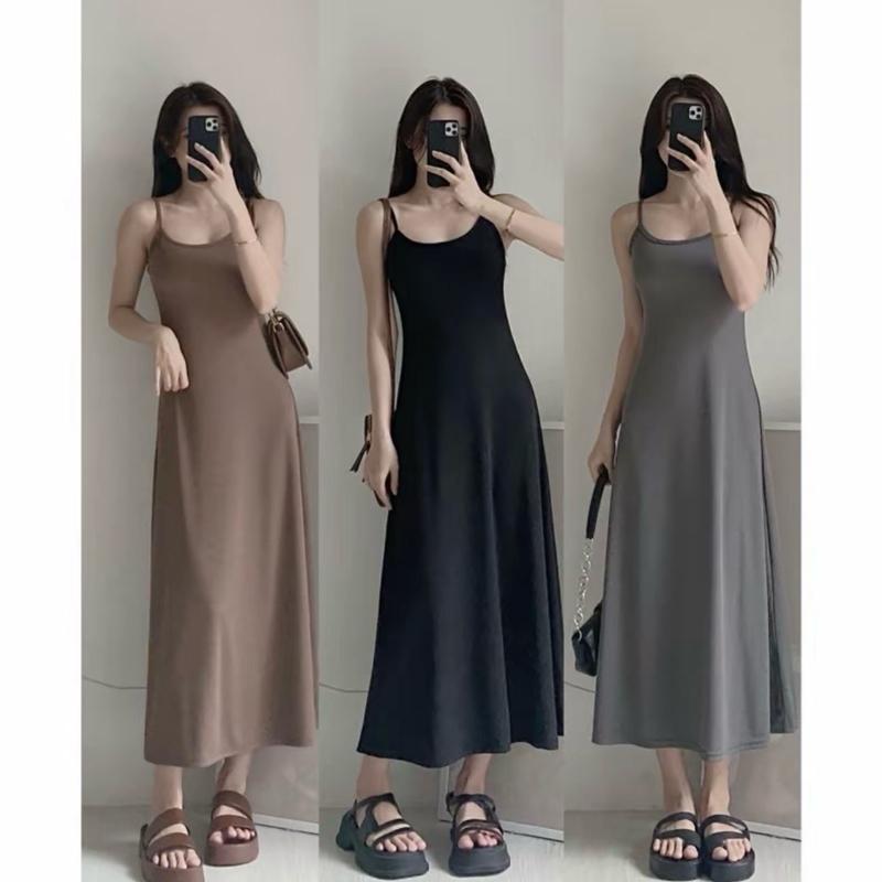 X04c Đầm váy nữ 2 dây ôm body dáng dài xòe chất gân tăm co dãn phom dưới 53kg  Nhung, Voi,