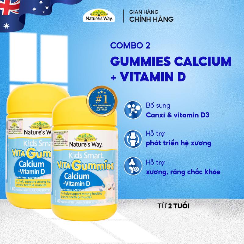 Combo 2 Hộp Kẹo Cao - Kẹo dẻo bổ sung canxi Nature’s Way - Vita Gummies Calcium + Vitamin D Cho Bé - Hộp 60 viên/120 viên - Bổ sung Vitamin D3