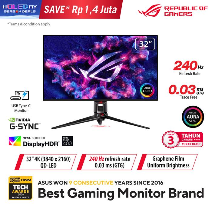 Gambar MONITOR ASUS ROG Swift OLED PG32UCDM Gaming Monitor - 32 inch, 4K, OLED, 240Hz, 0.03ms - Instan dari Techno Computer Bali Kota Denpasar Tokopedia