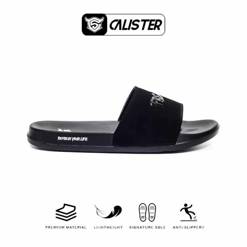 Calister - Sandal Slipper Pria Slide On Full Black Anti Slip antiselip selop simpel 4