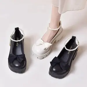 DIATA Sepatu Kerja Wanita Pita Docmart Mutiara Terbaru Mary Jane Bulat Tinggi Santai Shoes Selempang Bapau  Sintetis