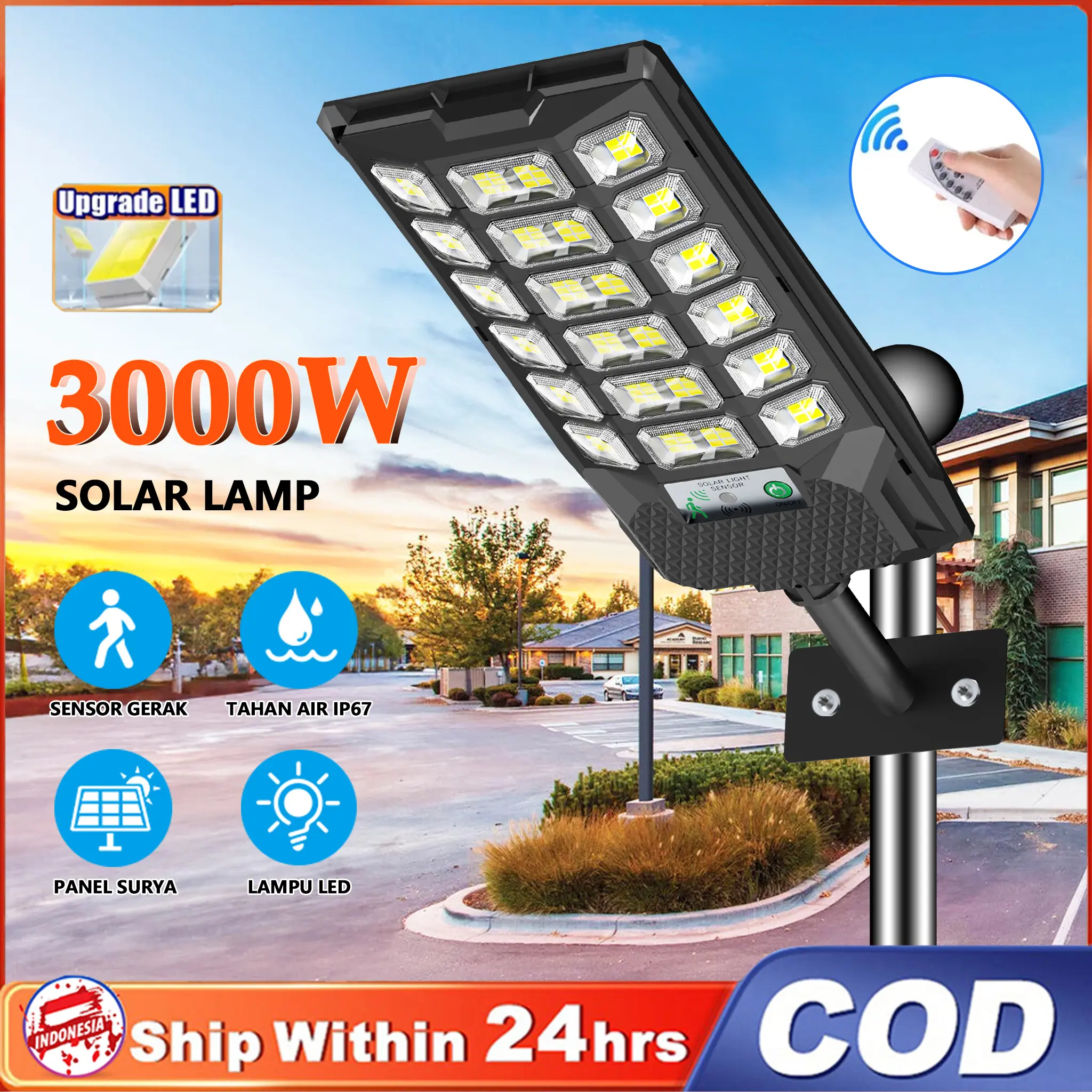 Lampu Surya Ultra-Terang 3000W, Lampu Taman Surya IP67 Tahan Air, Cocok untuk Taman, Area Luar Ruangan, dan Atap