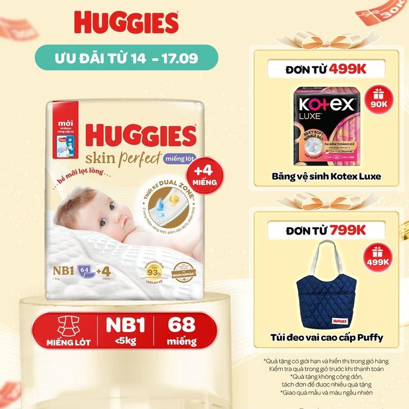 Miếng lót sơ sinh Huggies Skin Perfect với 2 vùng thấm giảm kích ứng da Size NB1 64+4 NB1 108+6 NB2
