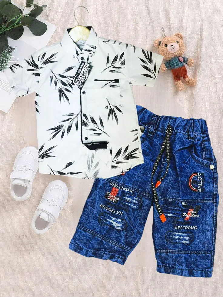 Setelan Kemeja Bermotif Celana Denim Sobek Blue Pendek Usia Anak 1-12 Tahun