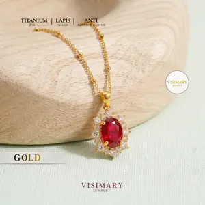 Visimary • Khairunnisa Zahra Kalung Titanium Liontin Royal Ruby Crown - Perhiasan Wanita Korean Style - Anti Karat Tidak Luntur