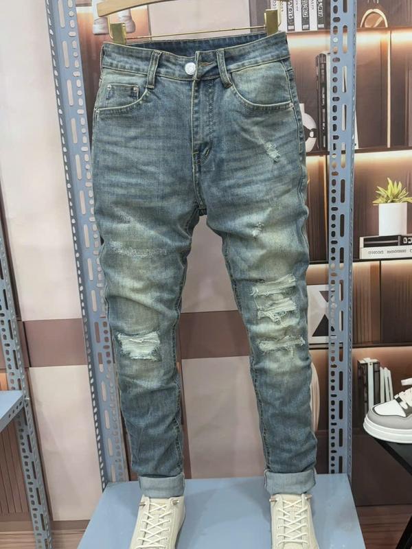 Quần Jean Nam Co Giãn Form Slimfit Màu Xanh Rách Wash Dơ R3338 - Menswear Pants, Denim , quan jean 2025