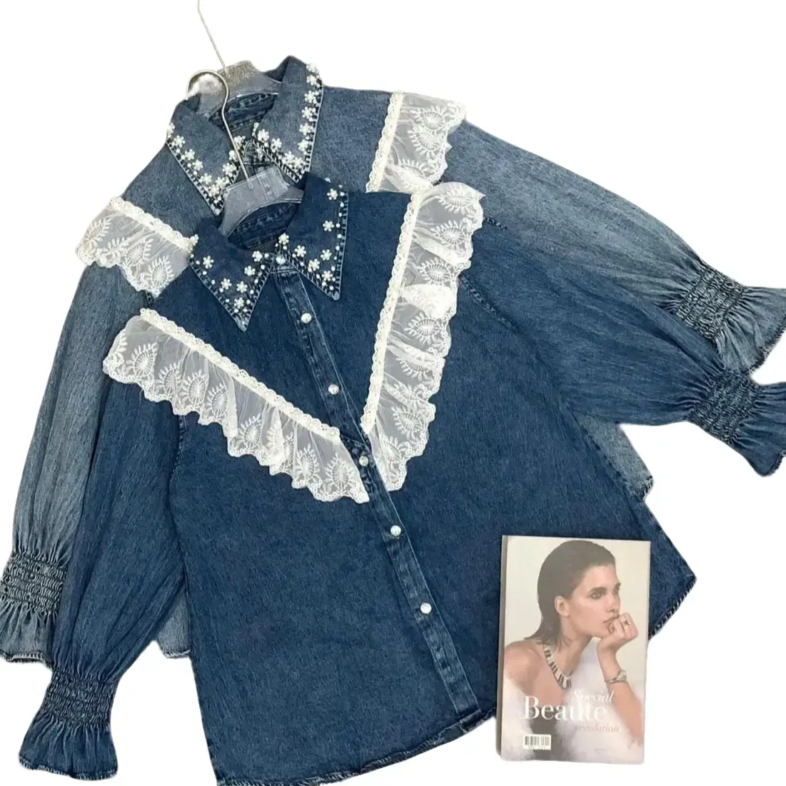 Kemeja Jeans Import Renda Mutiara Mewah Cantik