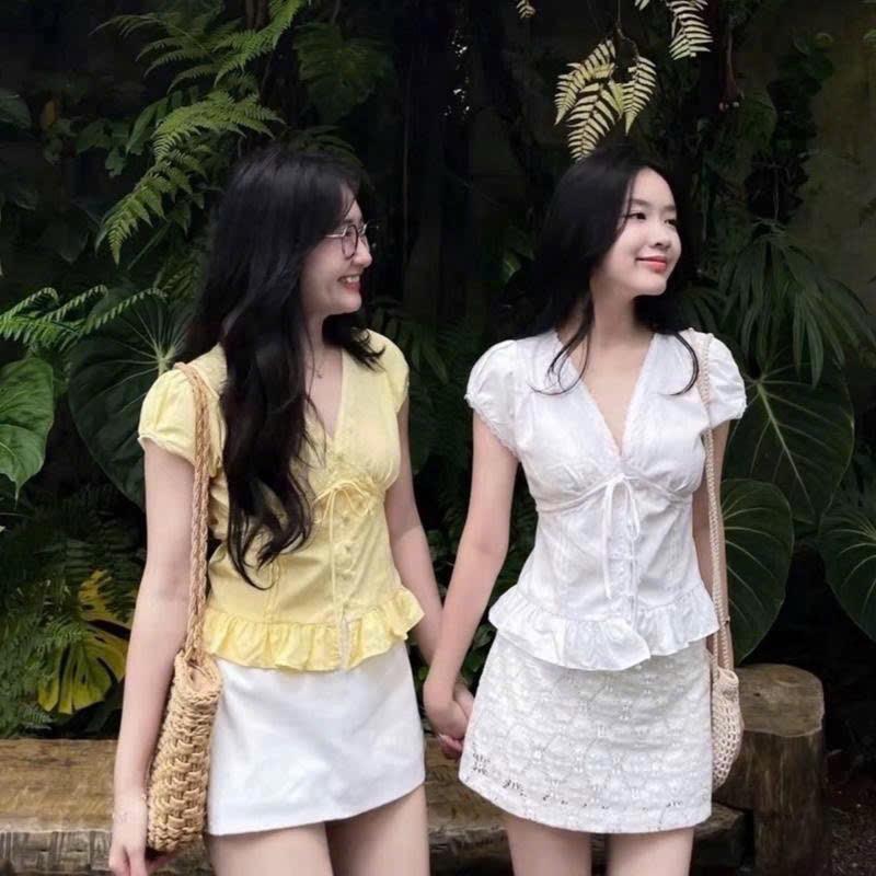   Bèo Béo Bigsize   Áo Kiểu Cổ V Nút Bọc Sọc Kẻ - Trơn Tay Bồng Form Bigsize 60-90Kg 