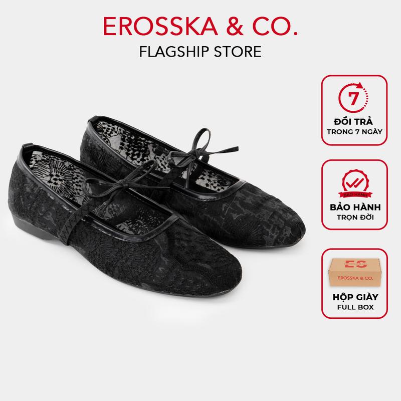 EROSSKA - Giày búp bê lưới họa tiết hottrend kiểu dáng ballet core đế bệt màu đen có hộp giày fullbox_ EL81