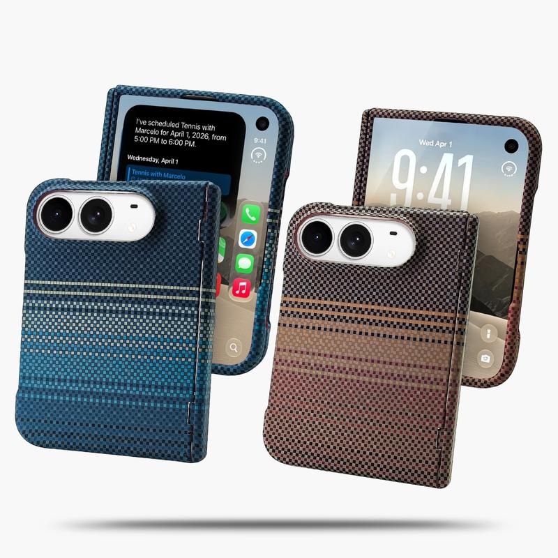Ốp lưng sợi Kevlar aramid cho iPhone DUO, vân dệt “trăng lên/lặn”, khung trước bao phủ toàn diện với trục đơn, ốp cứng giải tỏa nhiệt, thiết kế thời trang cao cấp chống rơi vỡ, có thể gập lại