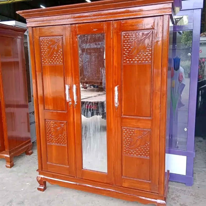 Lemari pakaian 3 pintu kayu jati full kacaa cahaya jati furniture barokah 2