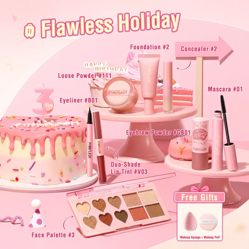 [Official]PINKFLASH #Happy3Journey 3rd Anniversary Makeup Sets 8PCS Beauty set makeup kit face makeup Eyeshadow Eyeliner Mascara Concealer Blush Eyebrow Liquid Loose Palette Foundation Lasting Cover Kosmetik 2