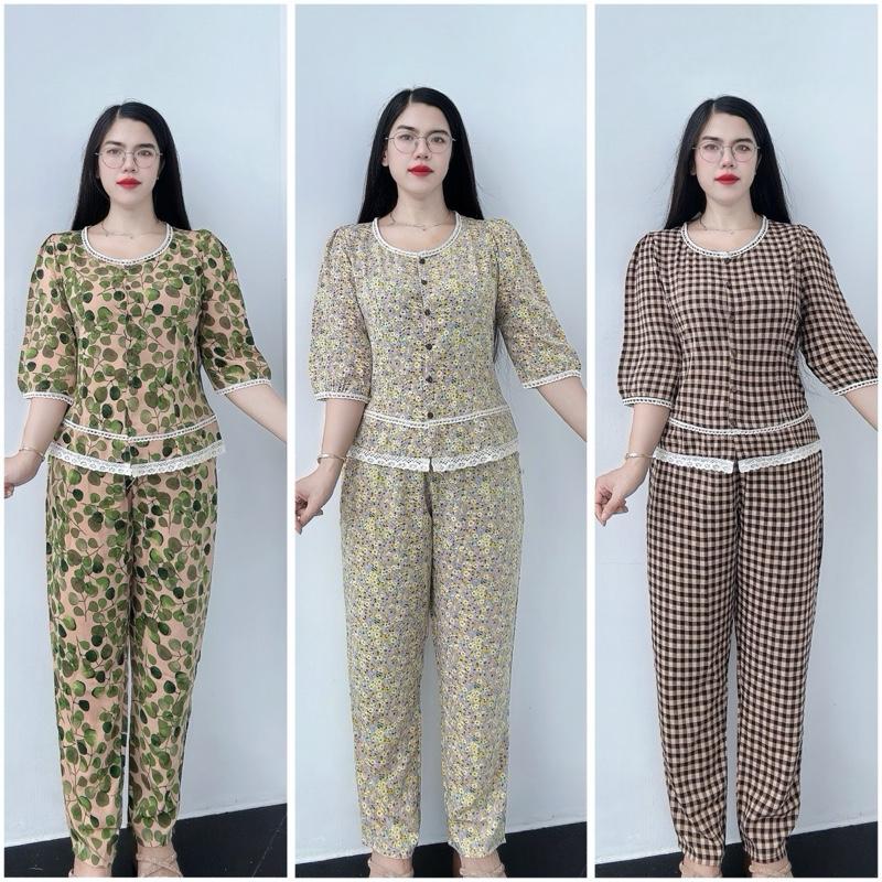 LR2 -Đồ Bộ Nữ Tay Lỡ Quần Dài Cổ Phối Ren Chất Lụa Mango Mềm Mát Thích Hợp Cho Mọi Lứa tuổi