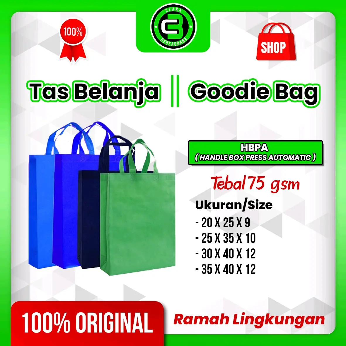 ( Isi 20 Pcs/1 Kodi Ukuran 20 X 25 X 9 cm ) Goodie Bag | Tas Belanja | Tas Souvenir | Tas Hajatan | Tas Ulang Tahun | Spundbond Goodie Bag - HBPA Handle Box Press Automatic 75GSM
