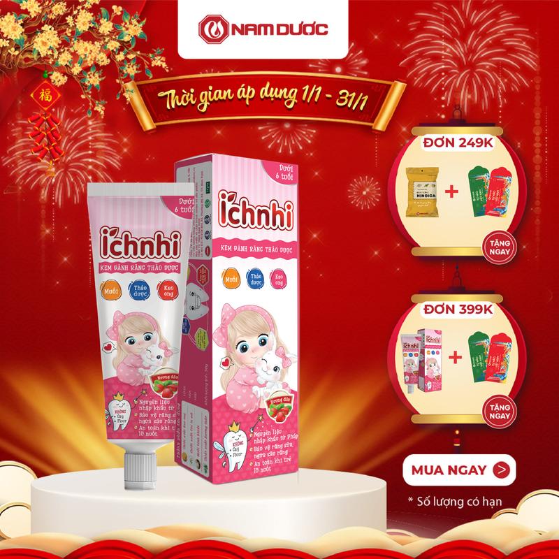 Kem đánh răng thảo dược Ích Nhi hương dâu cho bé dưới 6 tuổi tuýp 50g giúp làm sạch răng miệng ở trẻ em an toàn khi lỡ nuốt không flour không cay