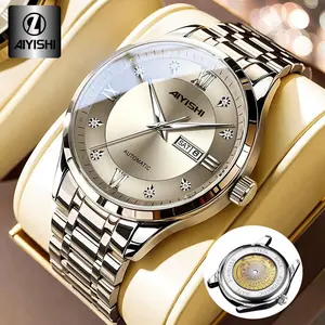 AIYISHI jam tangan sport kuarsa pria, tanggal dan hari otomatis, bercahaya dalam gelap, tali baja tahan karat, kasual, tahan air, asli 2085