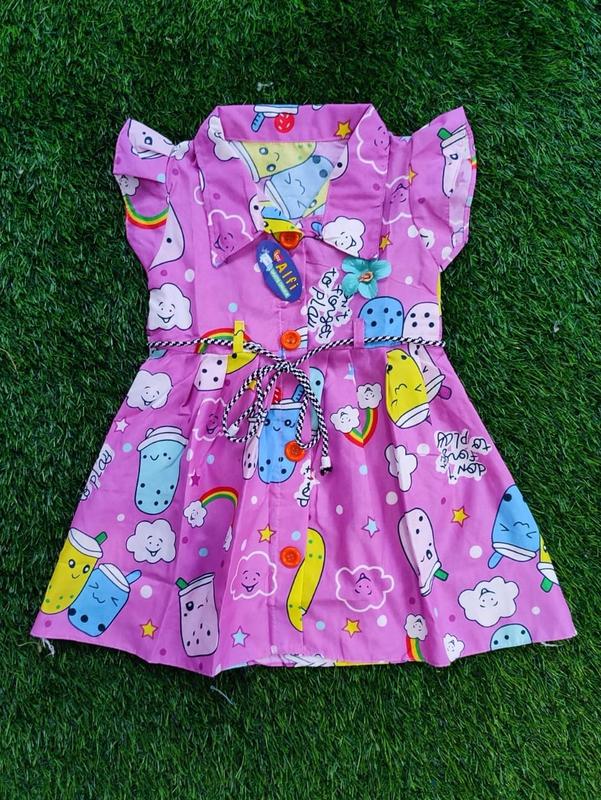 Dress anak 1 2 tahun cewek perempuan gaun kancing motif HK Tsum"/random Bayi Kucing Katun Lengan 8